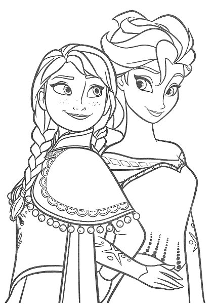 Desenho da Elsa e Anna do filme Frozen prontas para colorir e criar novas aventuras no gelo.