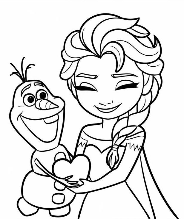 Desenho da Elsa e Olaf em estilo Kawaii, ambos sorrindo, para imprimir e colorir.