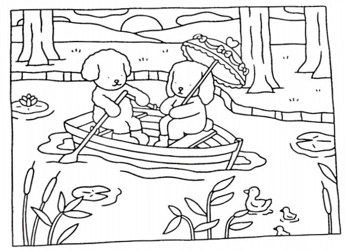 Desenho de encontro romântico no lago da Bobbie Goods com cachorros apaixonados em um barco a remo para imprimir.