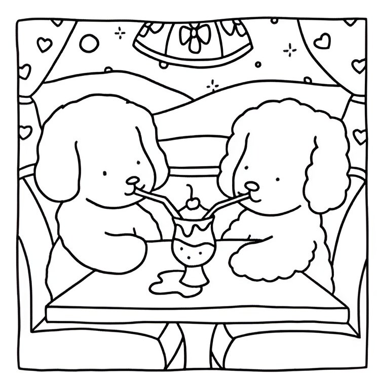 Desenho de encontro romântico da Bobbie Goods com cachorros poodles dividindo um milkshake, com decoração de corações e paisagem montanhosa para colorir.