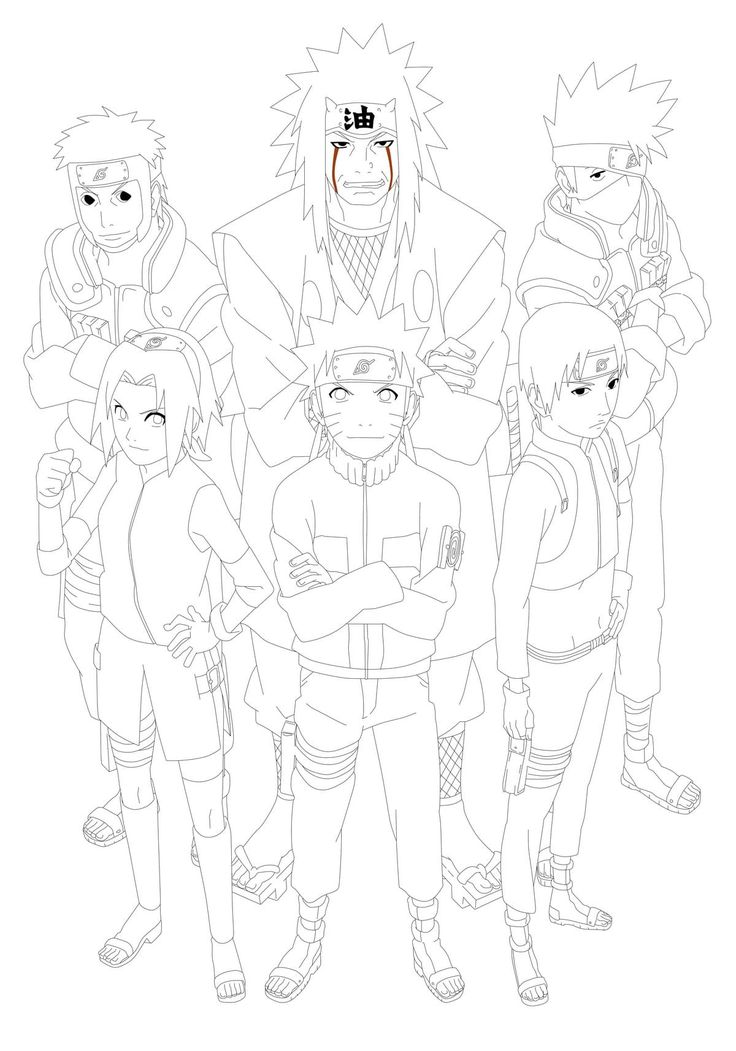 Desenho para colorir com Naruto Uzumaki, Sakura Haruno, Sai, Kakashi Hatake e Jiraiya em pose de equipe ninja.