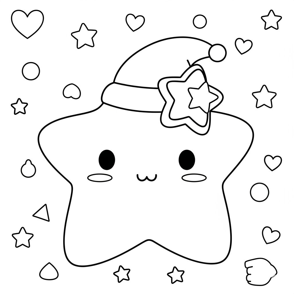 Desenho de estrela kawaii com rosto fofo, gorro de dormir e estrelinhas ao redor para colorir.