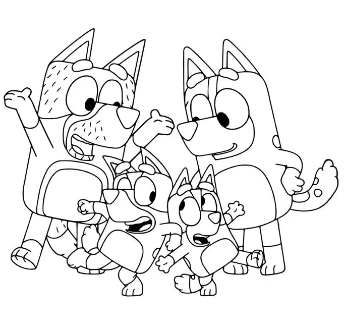 Ilustração em preto e branco da família Bluey: Bandit, Chilli, Bluey e Bingo todos juntos e felizes para colorir.