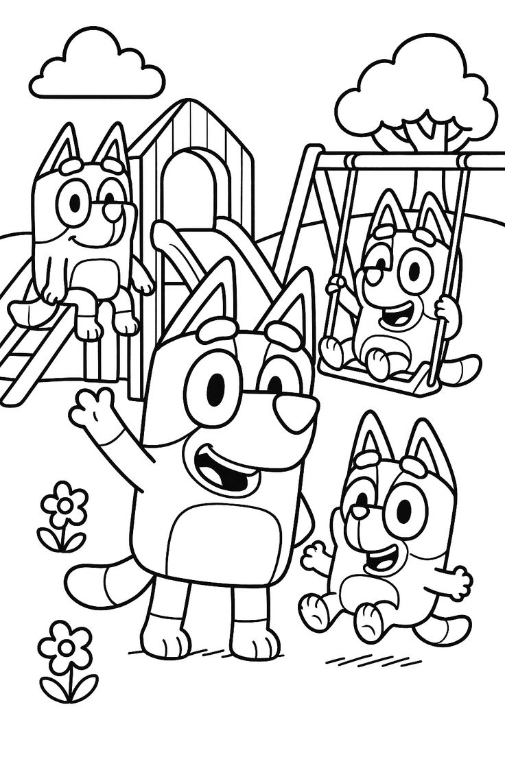 Bluey, Bingo e seus pais brincando no parquinho, com balanço e escorregador, em estilo de traço para colorir.