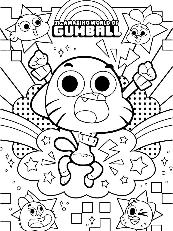 Deseonho com o Gato azul Gumball com fundo de arco-íris e grafismos para colorir com todos os outros Waterson: darwin, anais, richard e nicole.