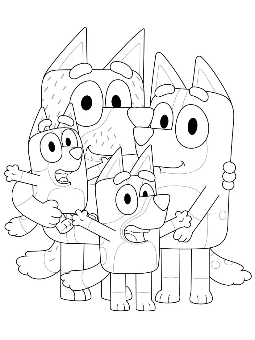 Ilustração em preto e branco da família Heeler (Bluey, Bingo, Bandit e Chilli) dando um abraço coletivo.