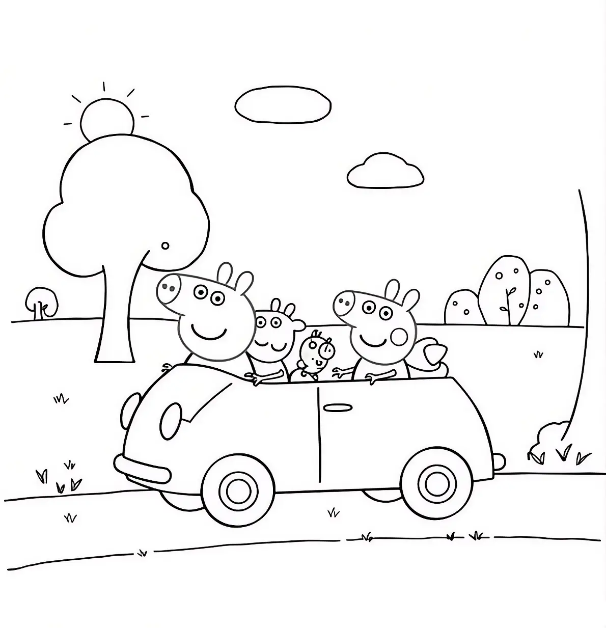 A família Peppa Pig dentro de um carrinho conversível em um cenário de campo ensolarado com árvores e nuvens.
