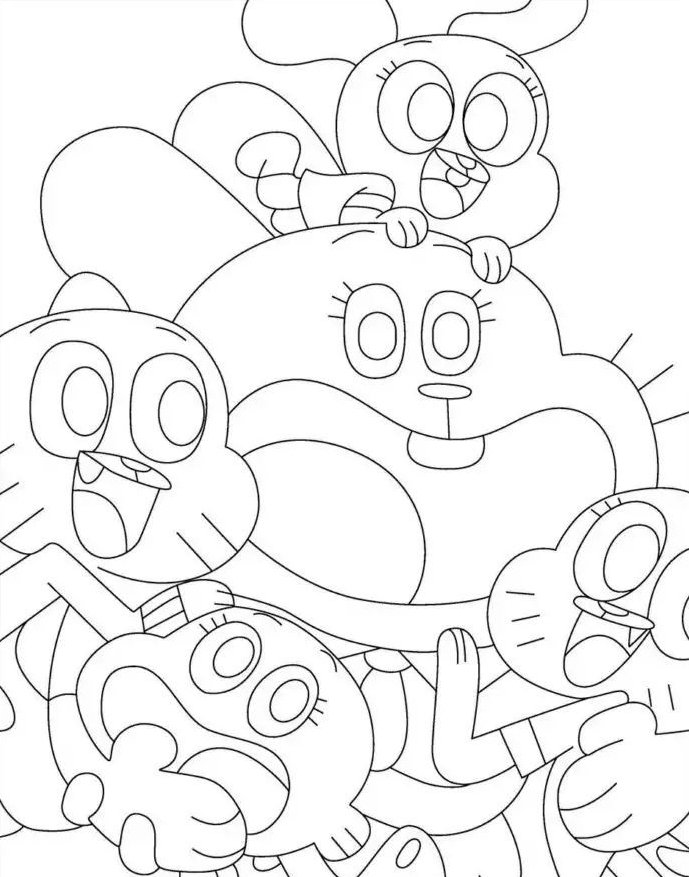 Desenho da família Waterson do Gumball, com Gumball, Darwin, Anais, Nicole e Ricardo para imprimir e colorir.
