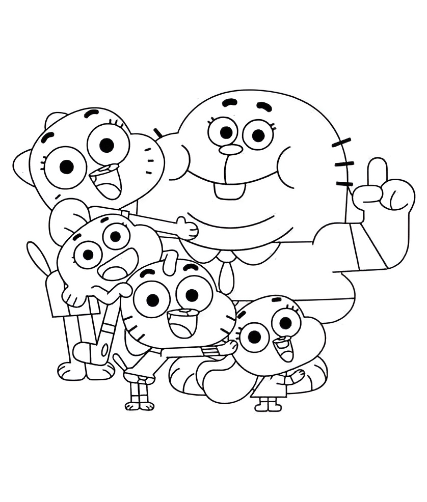 Desenho da família Waterson de O Incrível Mundo de Gumball para colorir, com Gumball, Darwin, Anais, Nicole e Ricardo.