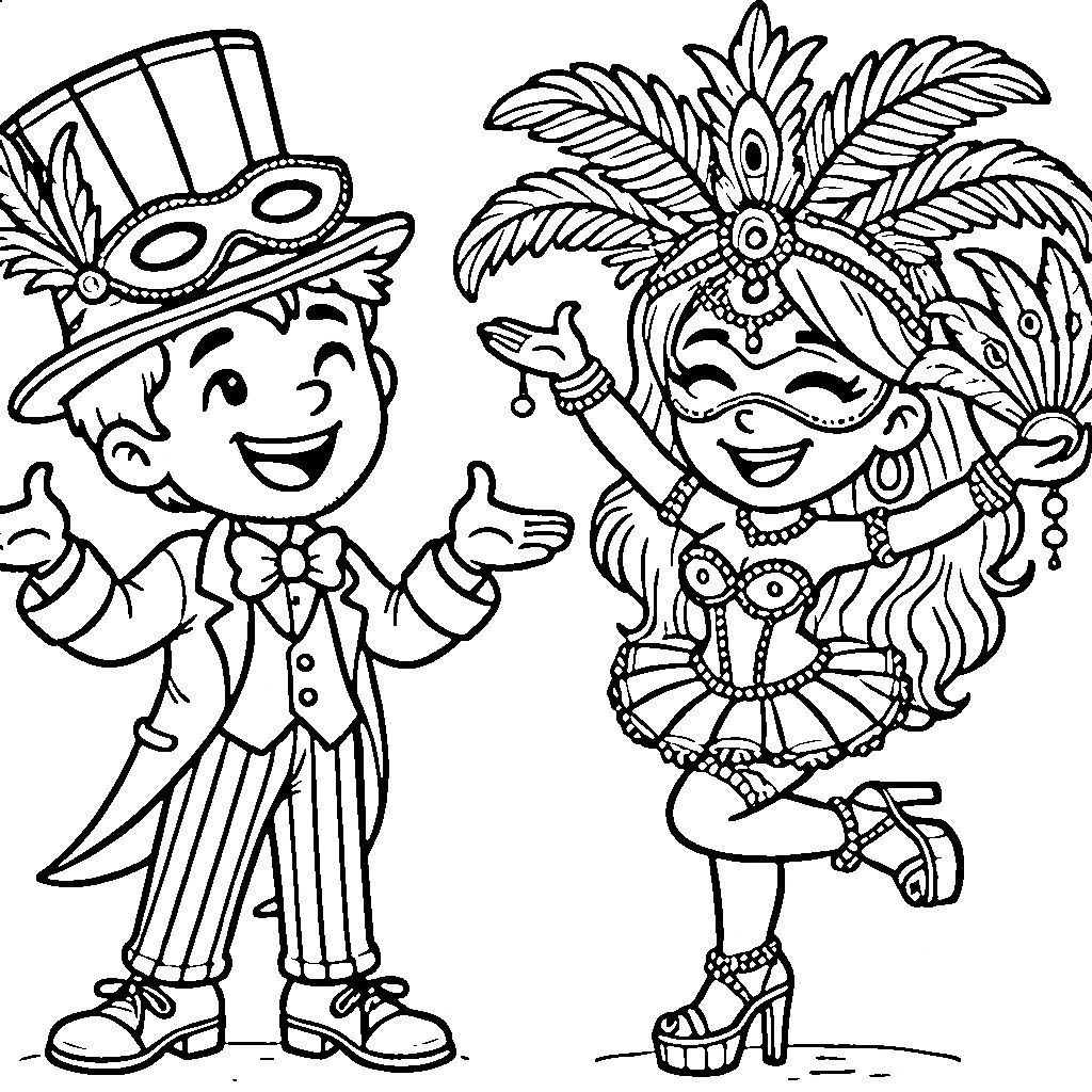 Desenho infantil de um mestre de cerimônias com uma dançarina no Carnaval