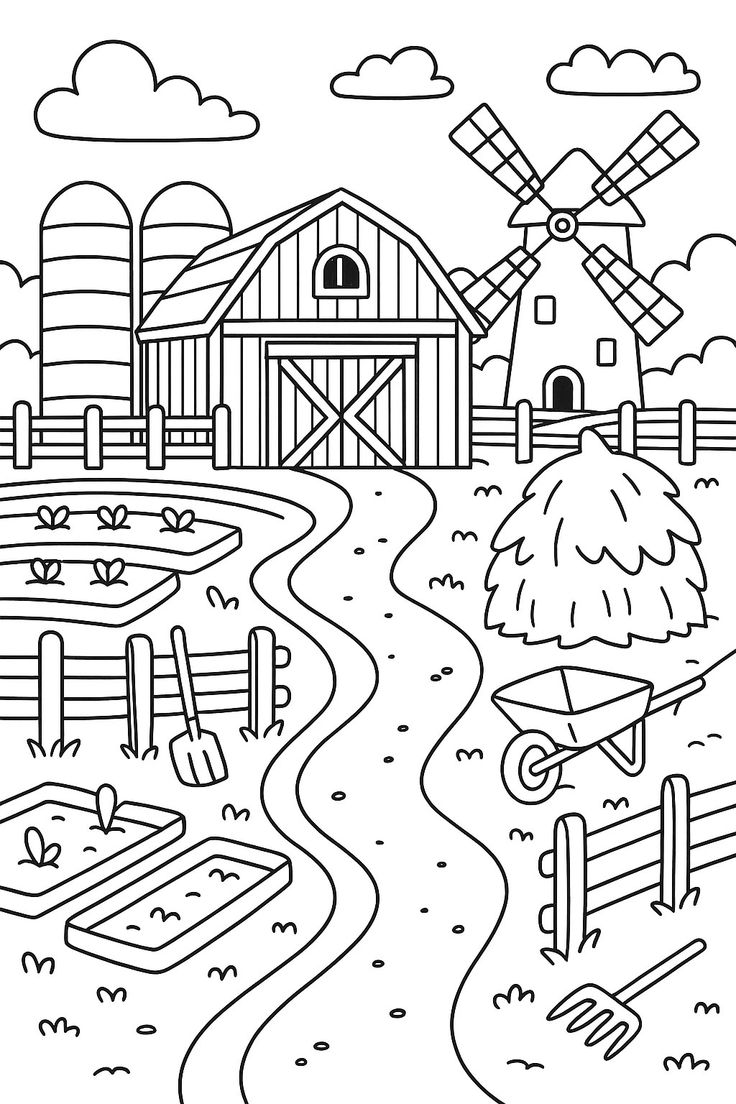 Desenho para colorir de uma fazenda com celeiro, moinho de vento, silos, plantações, carrinho de mão e ferramentas de jardim.