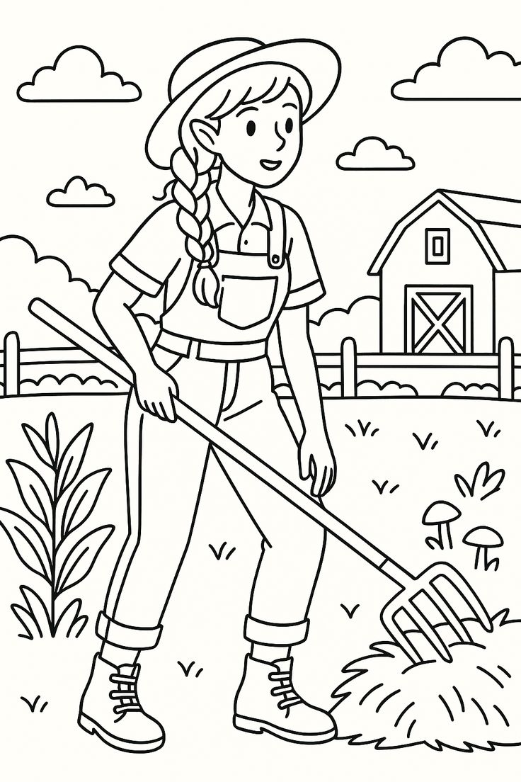 Uma menina fazendeira vestindo macacão e chapéu, usando um ancinho para cuidar da terra em frente a um celeiro, com nuvens no céu.