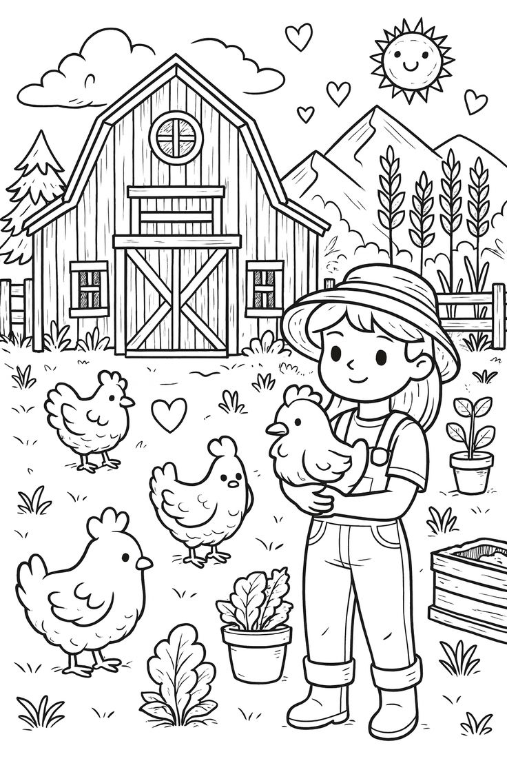 Menina fazendeira com chapéu segurando uma galinha em uma fazenda com celeiro, sol, montanhas e outras galinhas no chão.