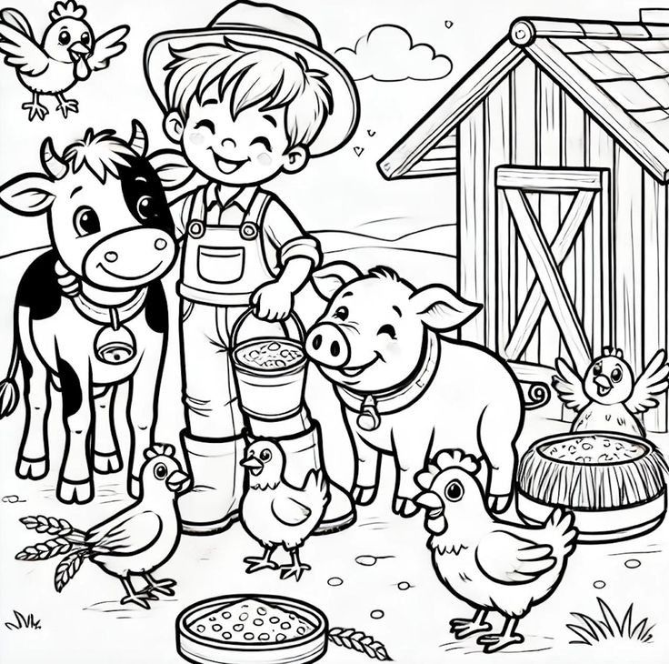 Desenho para colorir mostrando um jovem fazendeiro sorridente com balde, uma vaca, um porquinho e várias galinhas em frente a um celeiro de madeira.