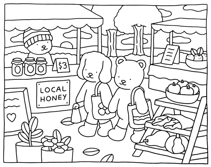 Desenho da feirinha da Bobbie Goods com ursos, cachorros, frutas, mel e barraquinhas para colorir.