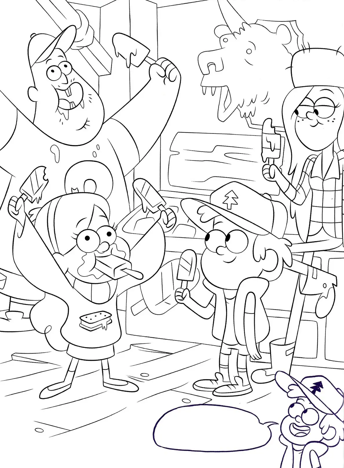 Personagens de Gravity Falls, Dipper, Mabel, Soos e Wendy, comendo picolés em um ambiente rústico com uma cabeça de criatura na parede.