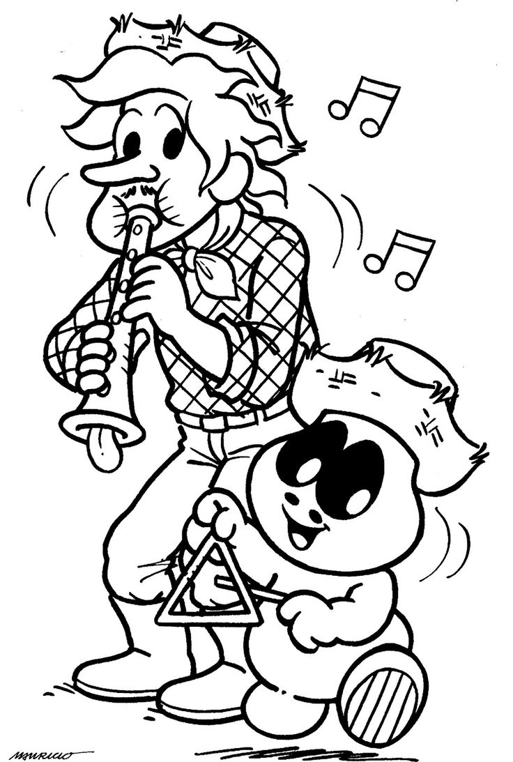 Desenho da Turma da Mônica vestida para a festa junina, tocando instrumentos e celebrando o São João para colorir.