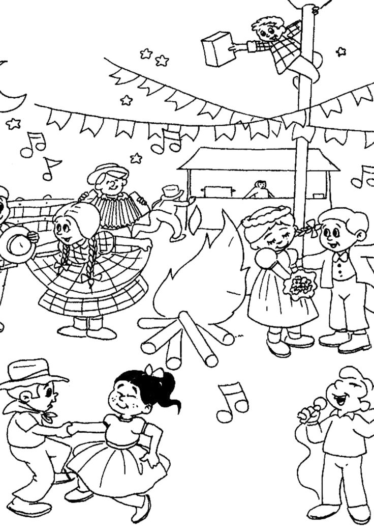 Desenho de festa junina com crianças dançando quadrilha, fogueira, barraquinha e mastro para imprimir e colorir.