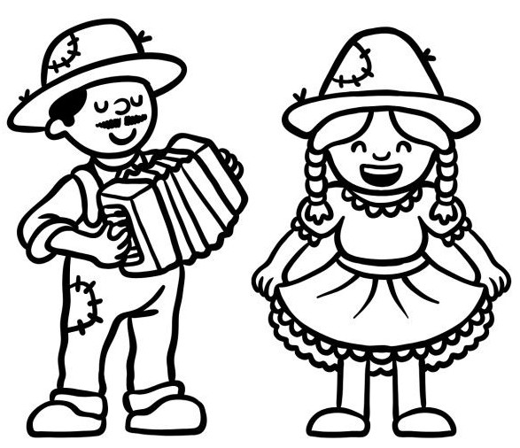 Desenho de Festa Junina com um casal, sendo um menino tocando sanfona e uma menina com vestido de babados e tranças, para colorir e imprimir.
