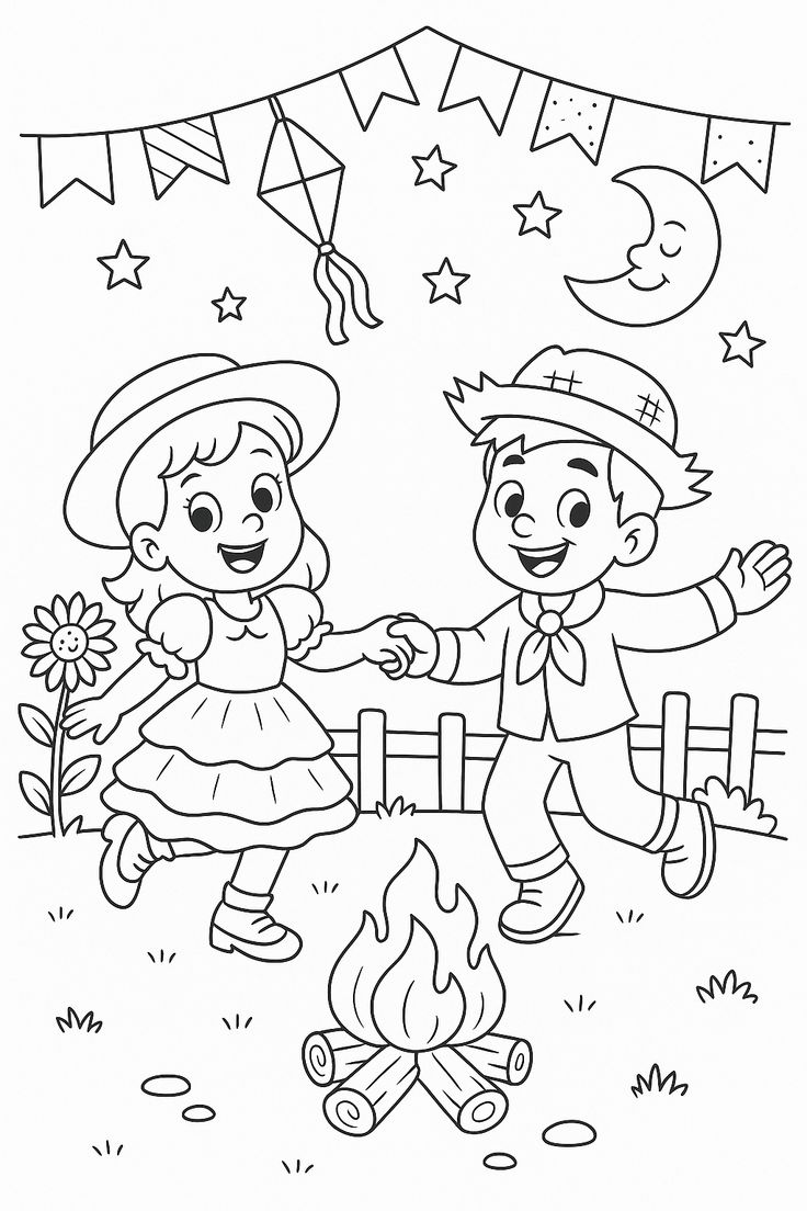 Desenho de festa junina com um casal caipira dançando em volta de uma fogueira, sob a luz da lua e estrelas, pronto para colorir e celebrar a tradição.