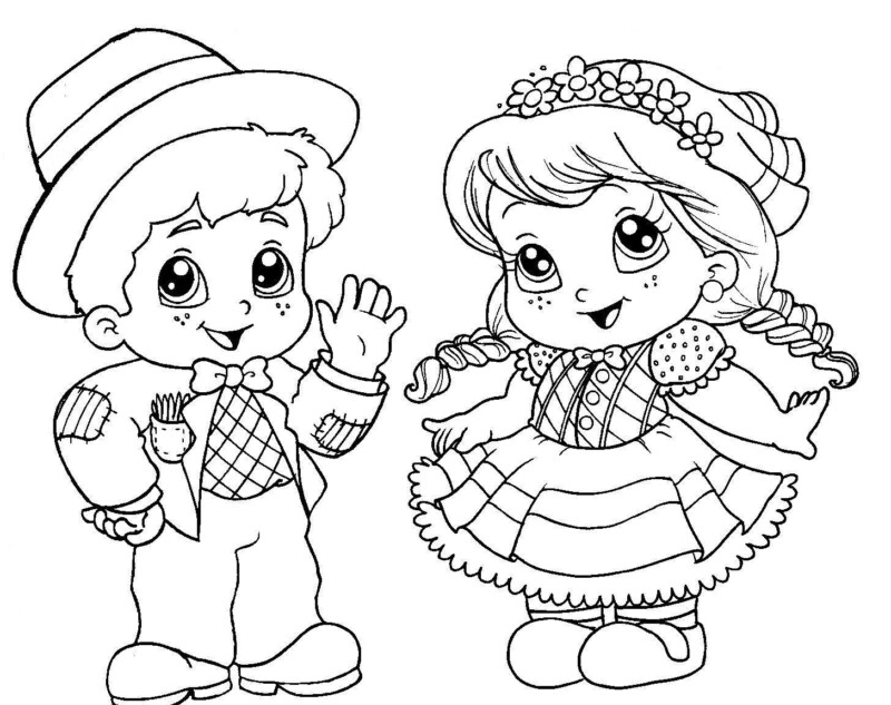 Desenho de festa junina para colorir com um casal caipira cartoonizado