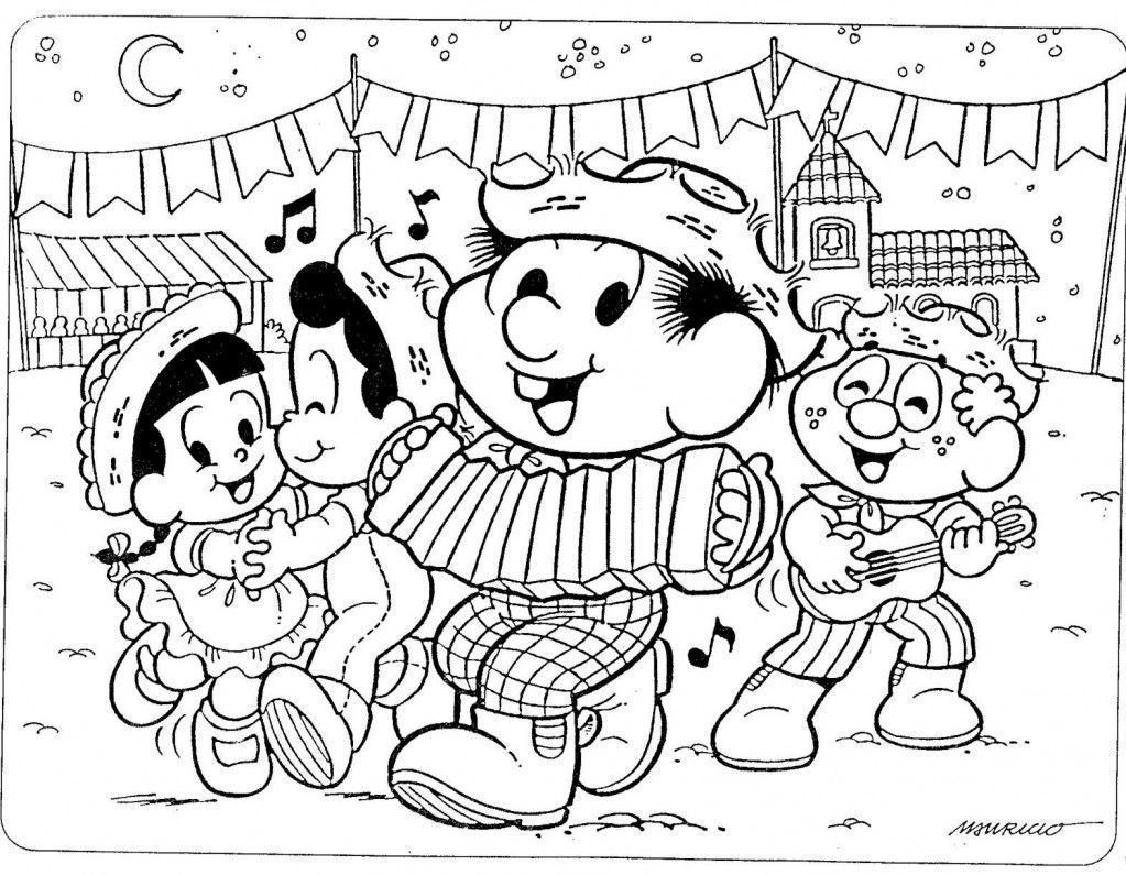Desenho do Chico Bento dançando em uma festa de São João para colorir e imprimir