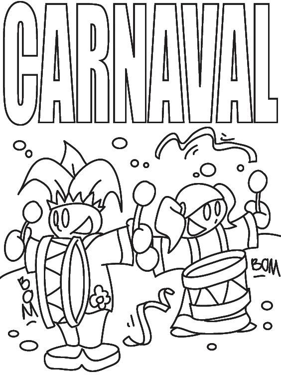 Desenho para imprimir e colorir de uma banda de Carnaval tocando música feito com traços infantis para crianças de todas as idades.