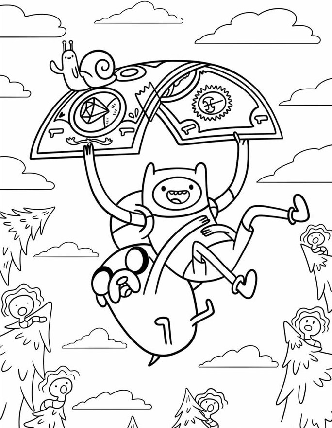 Desenho de Finn e Jake de Hora de Aventura voando de paraquedas de dinheiro com o caracolzinho para colorir e imprimir.