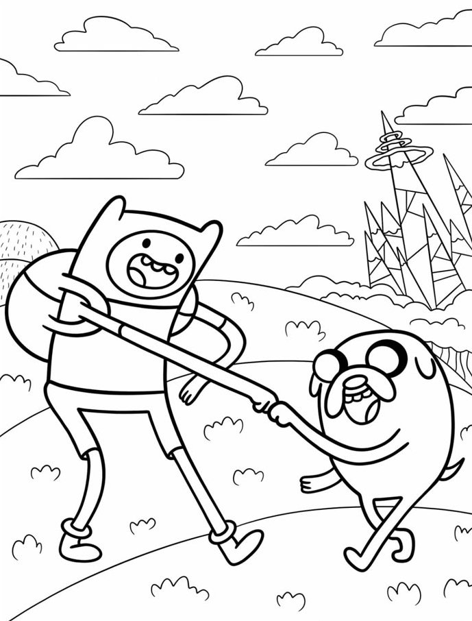 Ilustração de Finn e Jake fazendo um 'toca aqui' em frente a montanhas e paisagens de Hora de Aventura para imprimir e colorir.