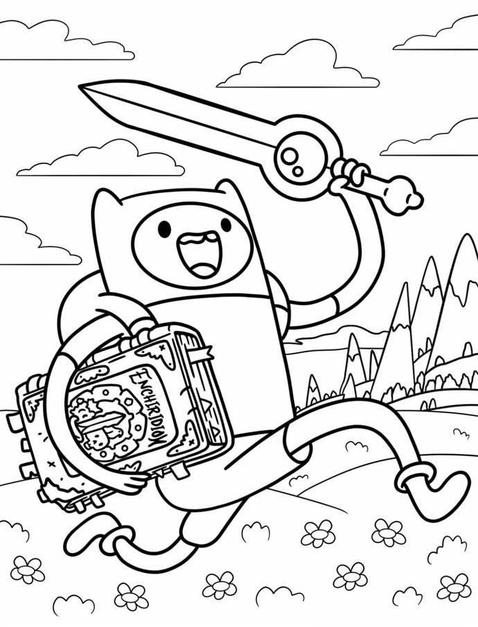 Finn de Hora de Aventura correndo com espada e livro mágico Enchiridion em um cenário de aventura com montanhas e flores para colorir.