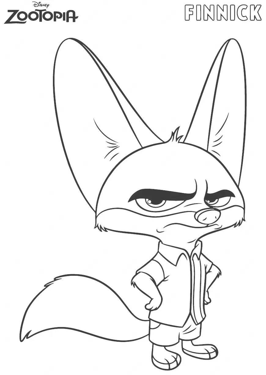 Desenho para colorir do Finnick, o pequeno feneco de Zootopia, com expressão emburrada e braços cruzados.