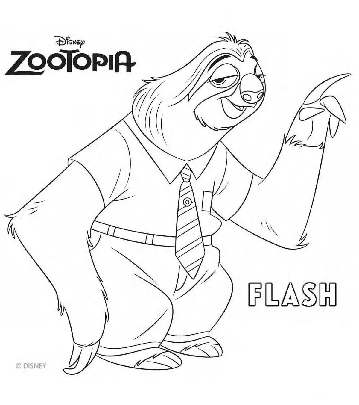 Desenho para colorir do Flash, o bicho-preguiça de Zootopia, usando camisa social e gravata, apontando o dedo.