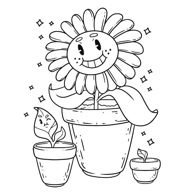 Desenho infantil de um trio de flores sorridentes e alegres com brilhos nos olhos para colorir