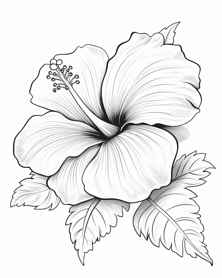 Desenho de uma flor de Hibisco, com traços realistas, para imprimir e colorir