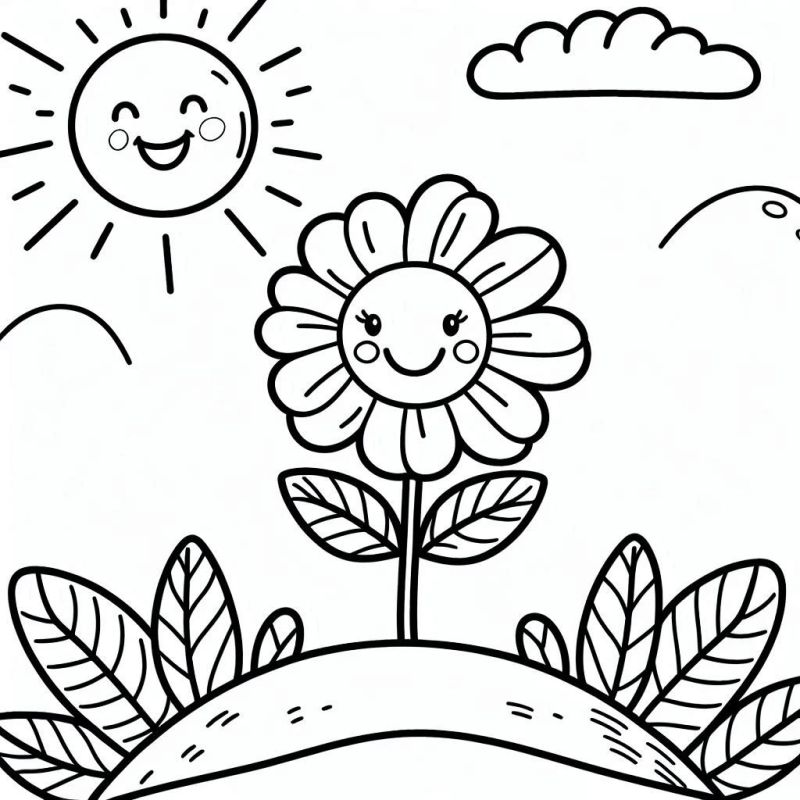 Desenho para imprimir e pintar de uma flor sorridente no topo de uma colina abaixo de um sol sorridente, feito com traços infantilizados e fáceis de desenhar