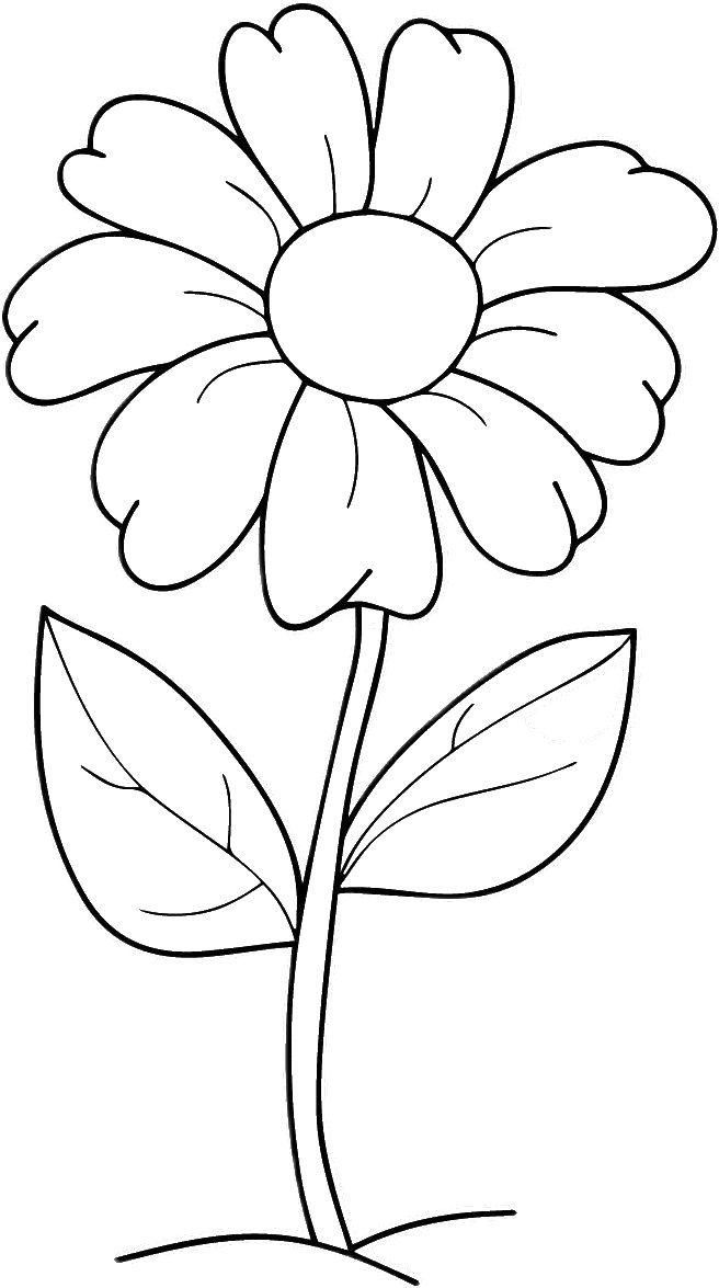 Desenho de uma flor infantil com pétalas arredondadas, miolo circular, caule e duas folhas para colorir.