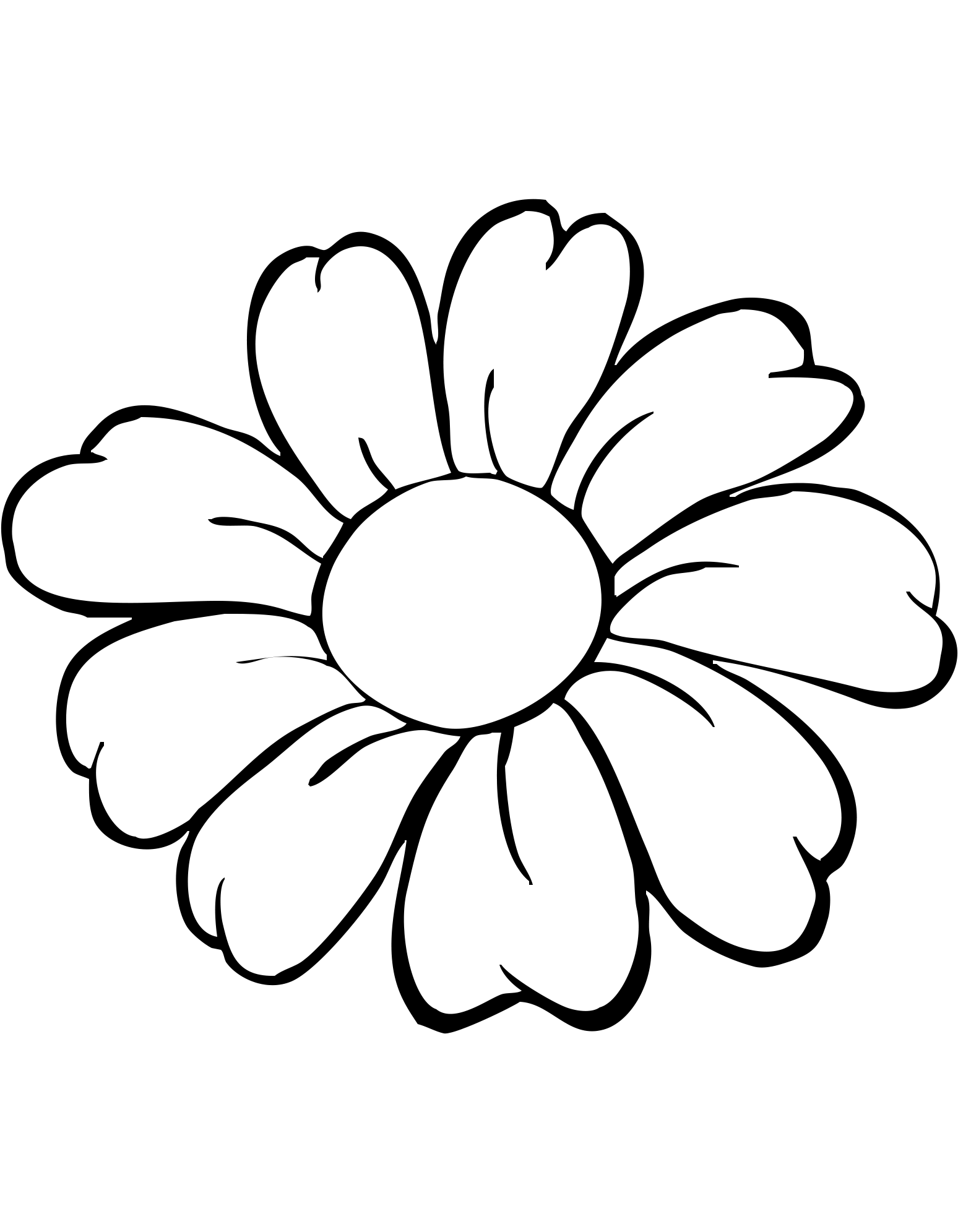 Desenho de uma flor simples com pétalas arredondadas e centro circular para colorir.
