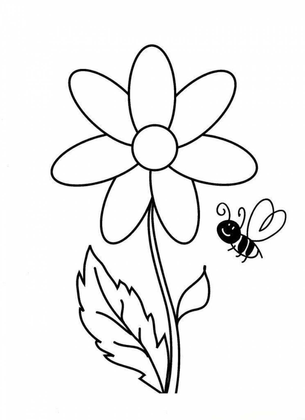 Desenho com traços simples de uma flor com uma abelha voando ao lado para imprimir e colorir. Seus traços simples o tornam perfeito para crianças mais novas.