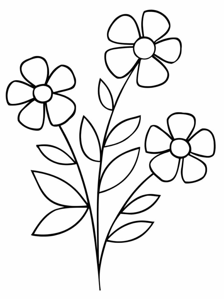 Desenho com 3 flores desenhadas com traços muito simples para Colorir e Imprimir. Perfeito para crinças mais novas.