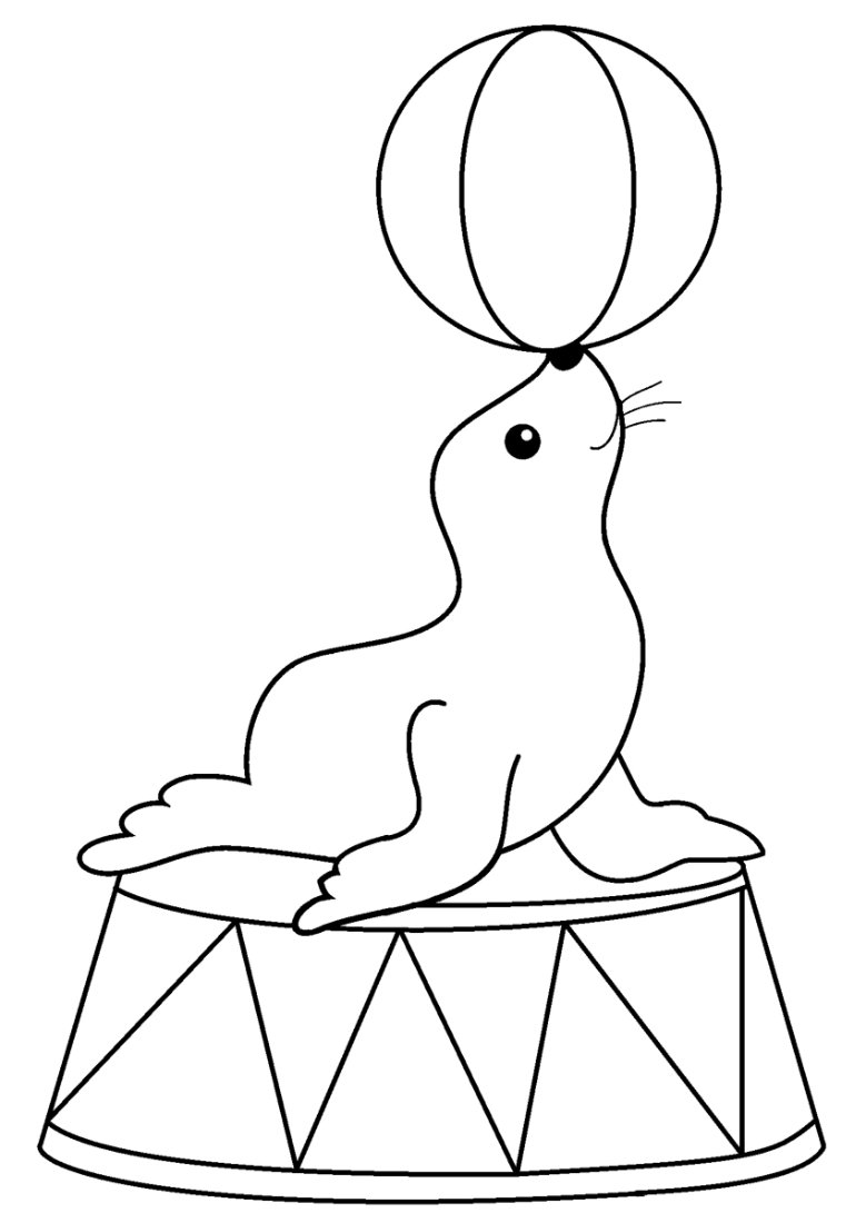 Desenho de uma foca de circo equilibrando uma bola no nariz, com base de circo ao fundo, para colorir e imprimir.