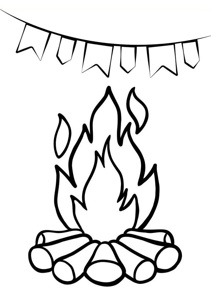 Desenho de fogueira de São João com lenha e chamas, decorada com bandeirinhas de Festa Junina para imprimir e colorir.