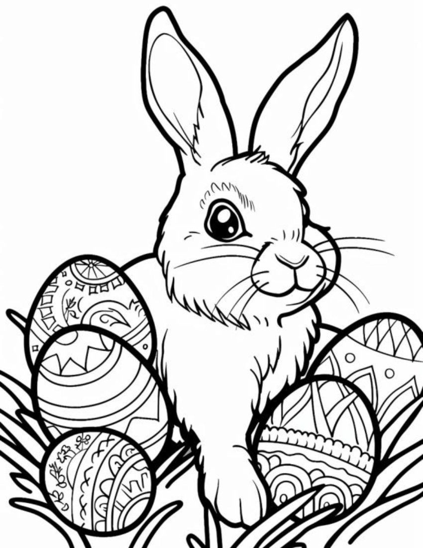 Desenho de páscoa para colorir com um coelinho com 5 ovos decorados