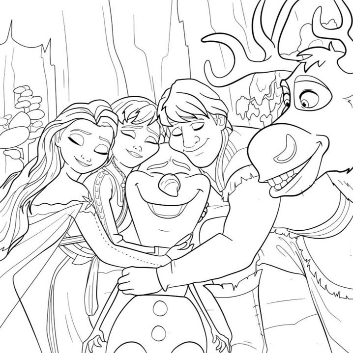 Desenho dos personagens Elsa, Anna, Olaf, Kristoff e Sven do filme Frozen se abraçando em Arendelle para colorir e imprimir.