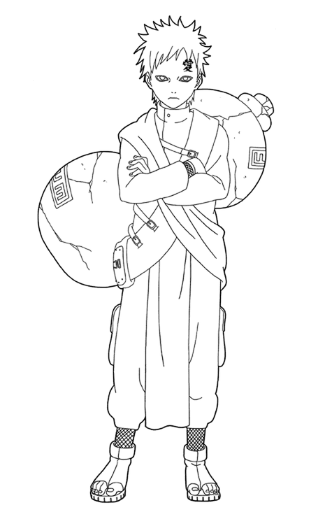 Desenho do Gaara de Naruto em traço preto e branco, com seu característico jarro de areia nas costas e braços cruzados.