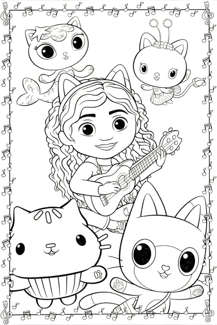Desenho da Gabby e seus amigos gatos da Casa Mágica da Gabby, mais conhecido como Gabby's Dollhouse, incluindo Pandy Paws, Cakey, MerCat, para colorir e imprimir