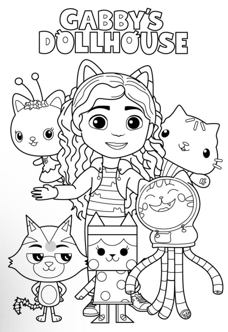 Desenho da gabby com todos os seus amigos para colorir: Pandy Gato, Cakey, Kitty Fada e Bebê Caixa.
