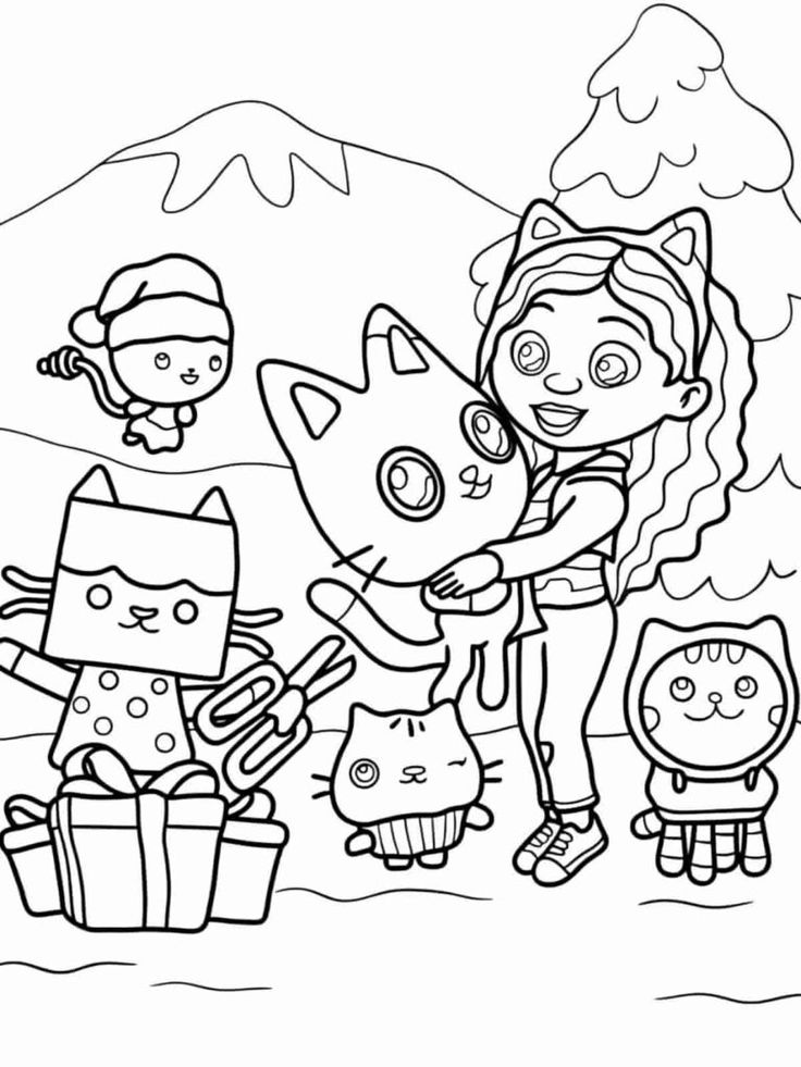 Desenho da Gabby abraçando um gato gigante com presentes, macaco de Papai Noel e outros gatinhos para colorir e imprimir.