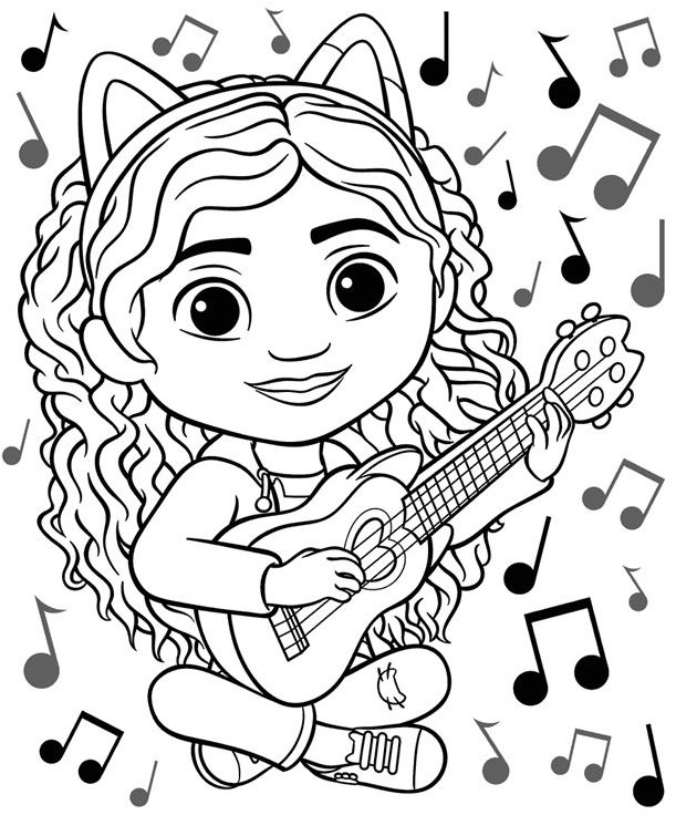 Desenho da Gabby, da Casa Mágica da Gabby, tocando ukulele com notas musicais ao redor para imprimir e colorir.