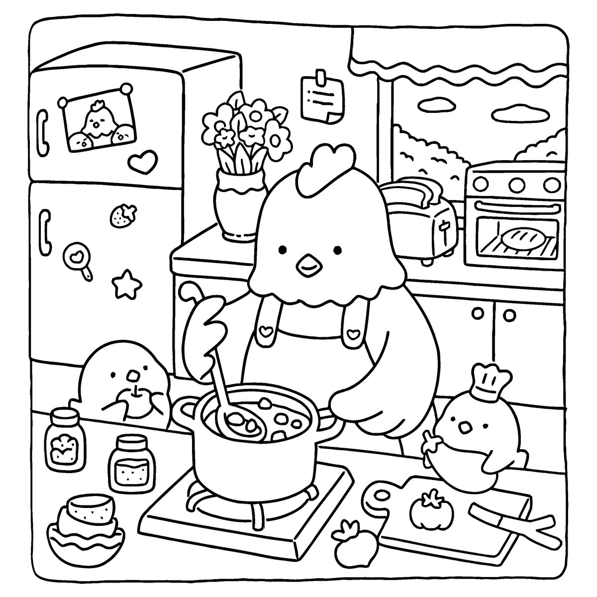 Uma galinha usando avental cozinhando sopa em um fogão, rodeada por dois pintinhos ajudantes em uma cozinha aconchegante com geladeira e janela.
