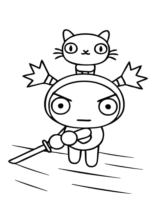Desenho do Garu, um ninja com seu gato na cabeça, segurando uma espada, para colorir e imprimir.